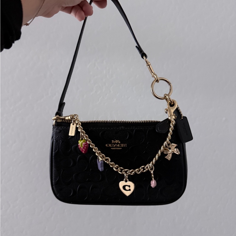 Coach Black Embossed Shoulder Bag with Gold Chain